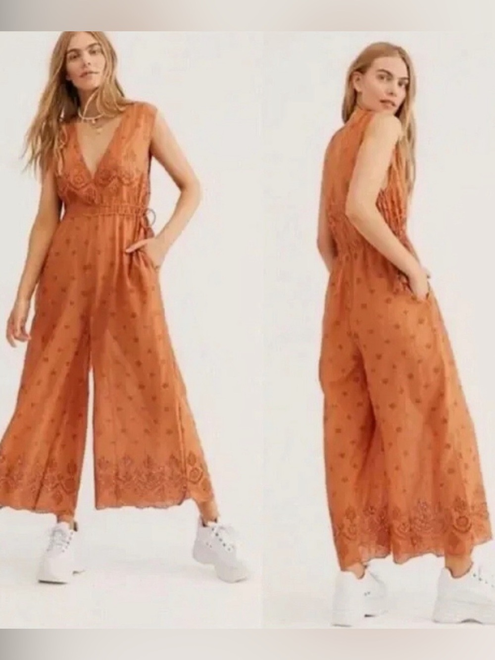 FREE PEOPLE Intimately Orange Sun's Out Eyelet Crop Wide Leg Pant Jumpsuit